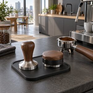 Espresso-Tamper-Set 58 mm mit Verteiler und Tampermatte, Walnuss