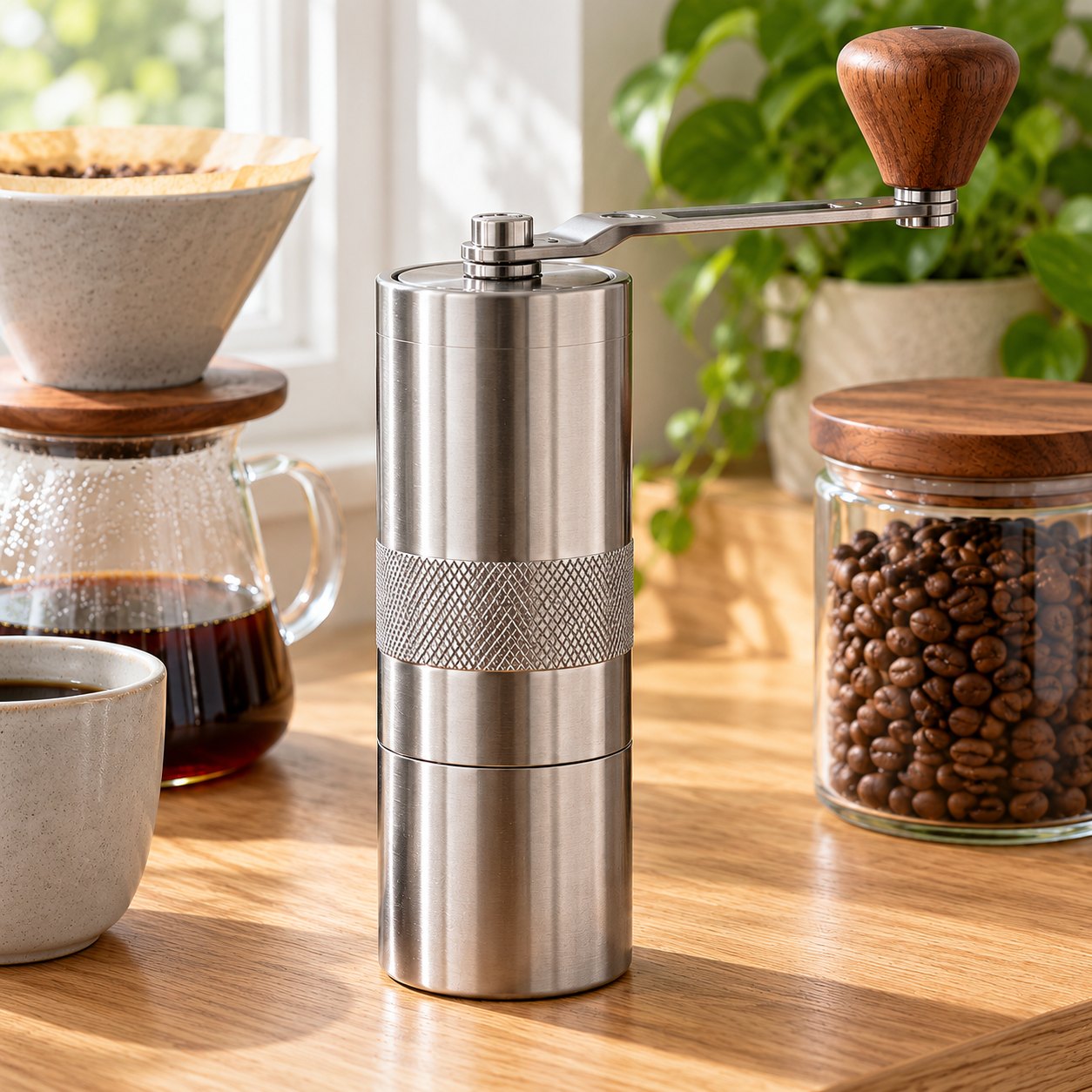 Die Handkaffeemühle aus Edelstahl von vorne