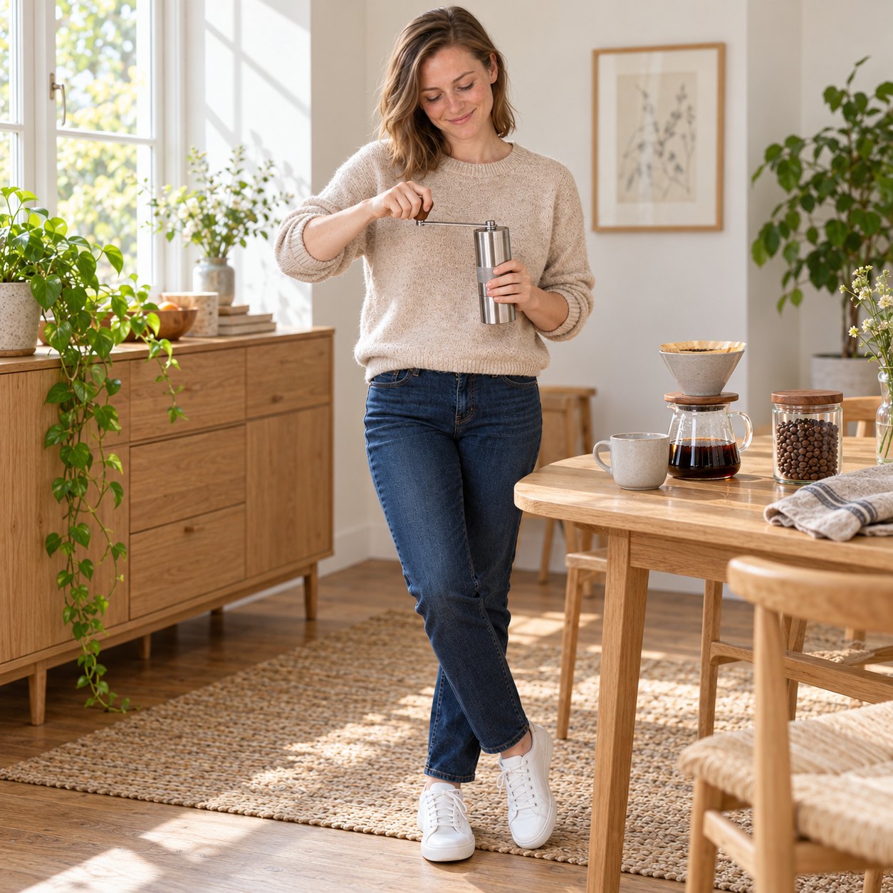Frau dreht die Kurbel der Handkaffeemühle