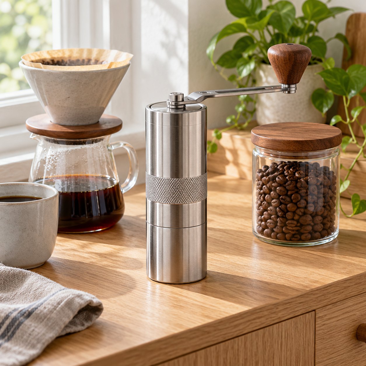 Handkaffeemühle aus Edelstahl mit Walnussknauf neben einem Handfilter
