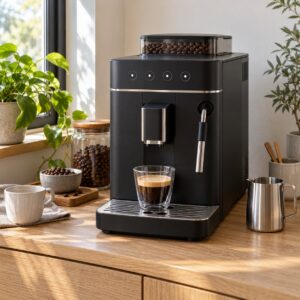 Kompakter Kaffeevollautomat mit Dampfdüse, Schwarz