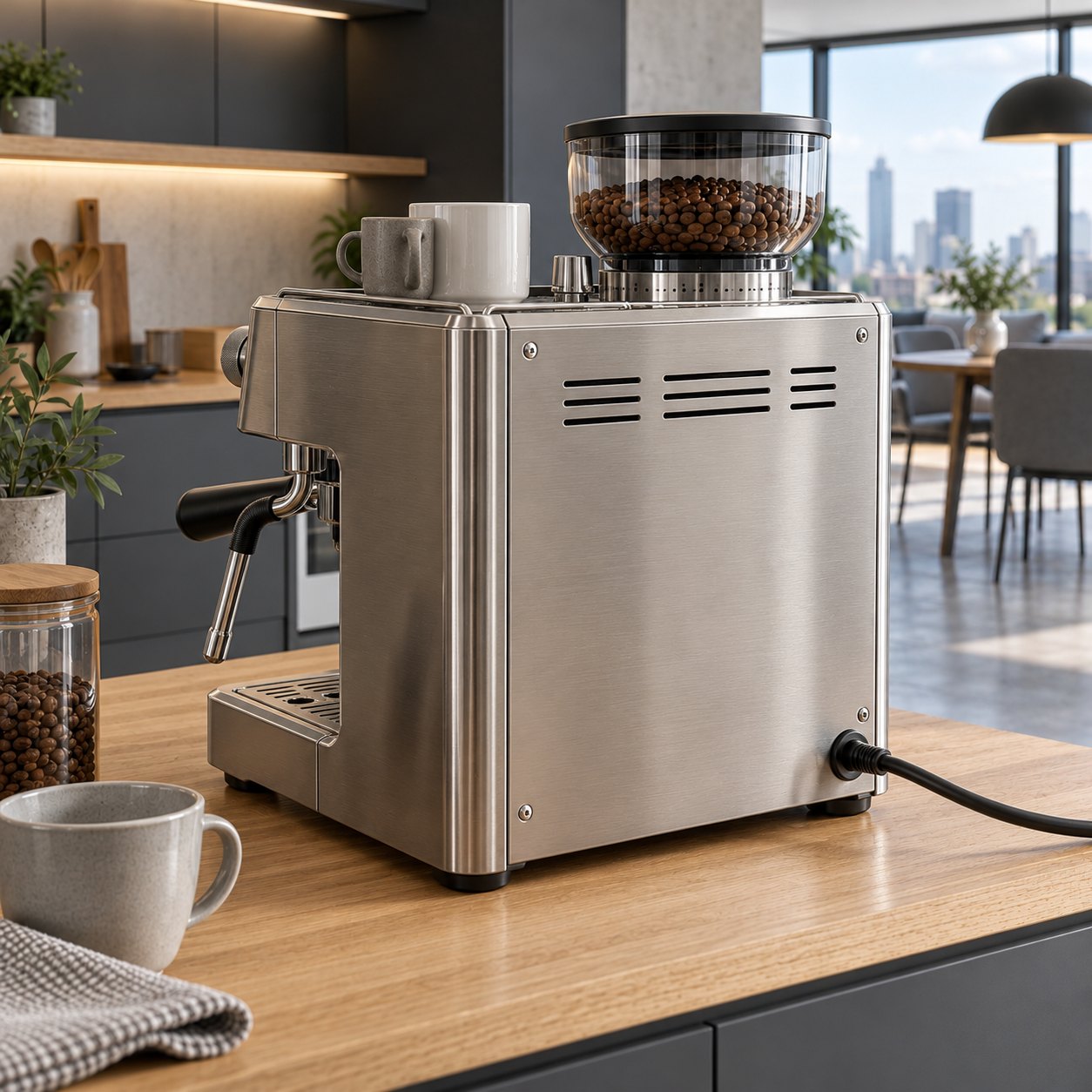 Die Espressomaschine mit Mahlwerk von hinten und von der Seite