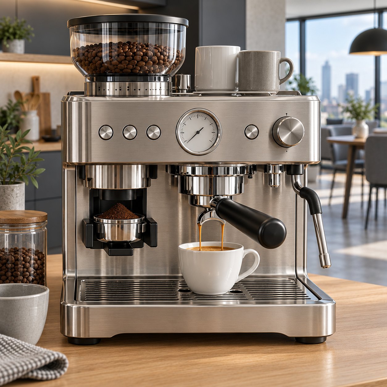 Espresso läuft aus der Maschine mit Mahlwerk in eine weiße Tasse