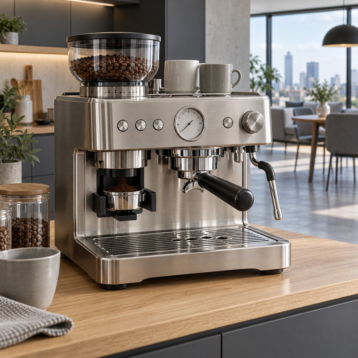 Siebträger-Espressomaschine mit Mahlwerk aus Edelstahl in einer offenen Küche